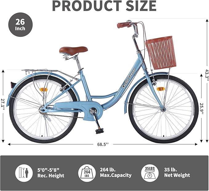 24/26 Inch Adult Comfort Bike for Women, Women Commuter Bicycle Single Speed with Rear Rack and Basket, Comfortable City Bikes Ergonomic Upright Design for Women, Men and Teens