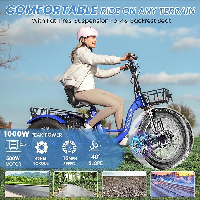 MOONCOOL 1000W 4" Fat Tire Electric Tricycle for Adults, 48V 14.5Ah All-Terrain Aluminum 20" E-Trike, Front Suspension, 7-Speed, 400lbs Max Payload
