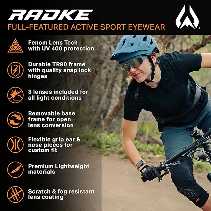 Wildhorn Radke MTB Cycling Glasses, UV400 Sports Ski Running Sunglasses for Women & Men, Baseball Glasses w/3 Swap Lenses