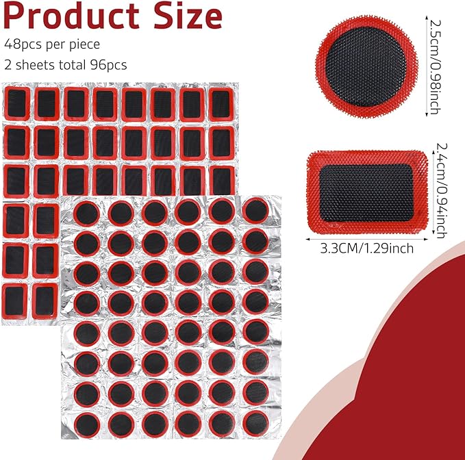 96Pcs Tube Patches Bike Bicycle Tire Patch Outdoor Cycling Bicycle Tire Tool Rubber Puncture Repair Patch Included Round Square for Road Mountain Bikes Motorcycle (Without Glue)