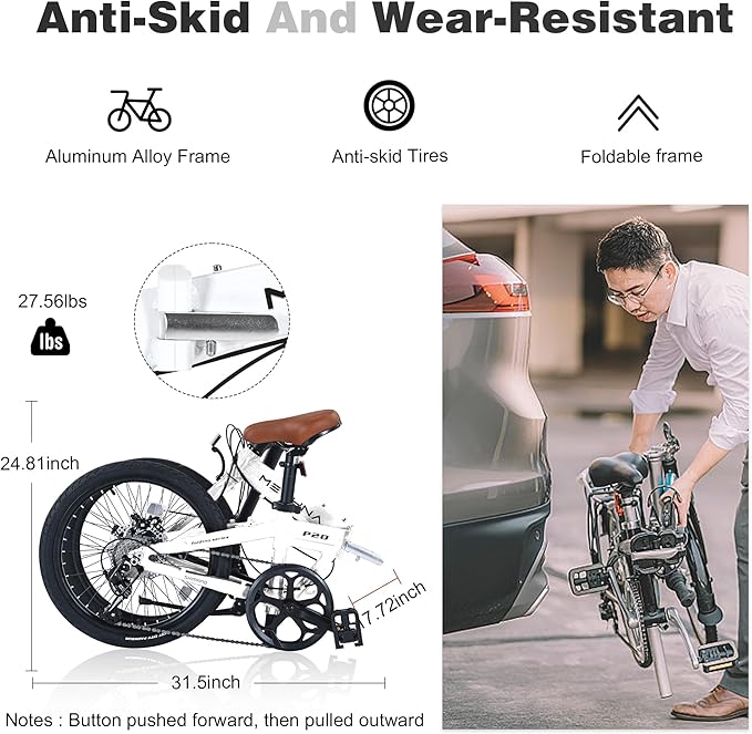 20" Folding City Commuter Bike, 7-Speed Shimano, Lightweight Aluminum Frame, Foldable Bicycle for Adults, Compact Folding Bike for Commuting & Outdoor Riding, Mini Portable