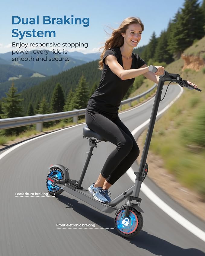 Electric Scooter for Adults - 19/22MPH & 15/22Mile Range, 8.5"/10" Solid Tires Folding Commuter E-Scooter with Dual Suspension, App Control & Dual Brake System, with Seat