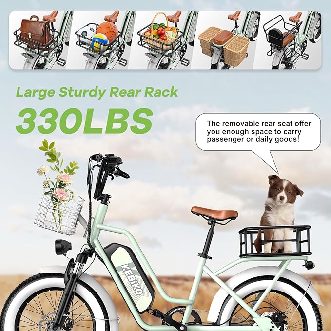 Electric Bike for Adults, 20"x 4" Fat Tire 35MPH Cargo Ebike with Seat, 1450W Peak 2 Seater Commute Bike with 48V 20AH Removable 960WH Battery, 80 Miles Max Range 7-Speed Step-Thru Electric Bicycle