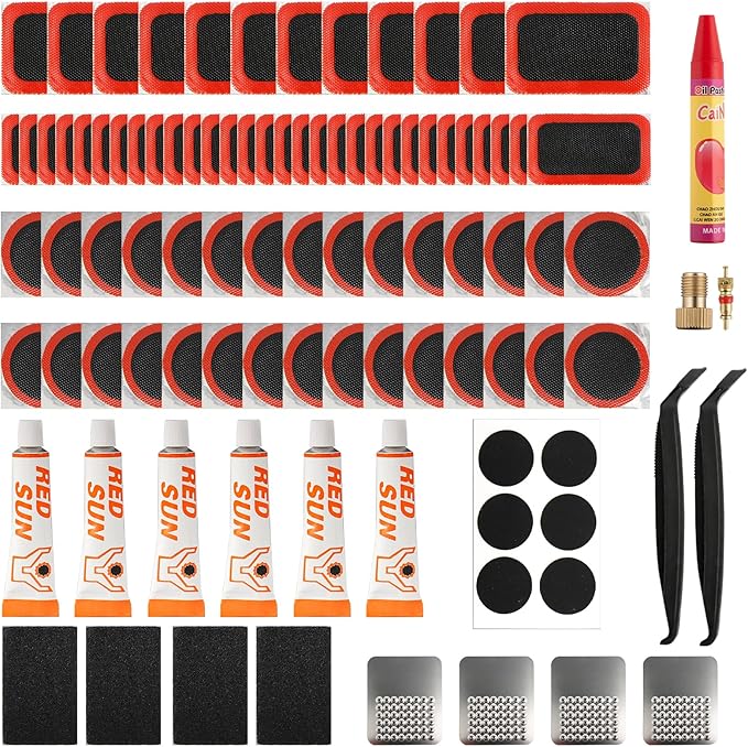 Bike Tire Repair Kit, 101 Pcs Bicycle Tube Patch Kit with Vulcanizing Patches & Tire Repair Glue, Portable Inner Tube Repair Kit for Mountain Road Bike, Motorcycle & Inflatable Tires