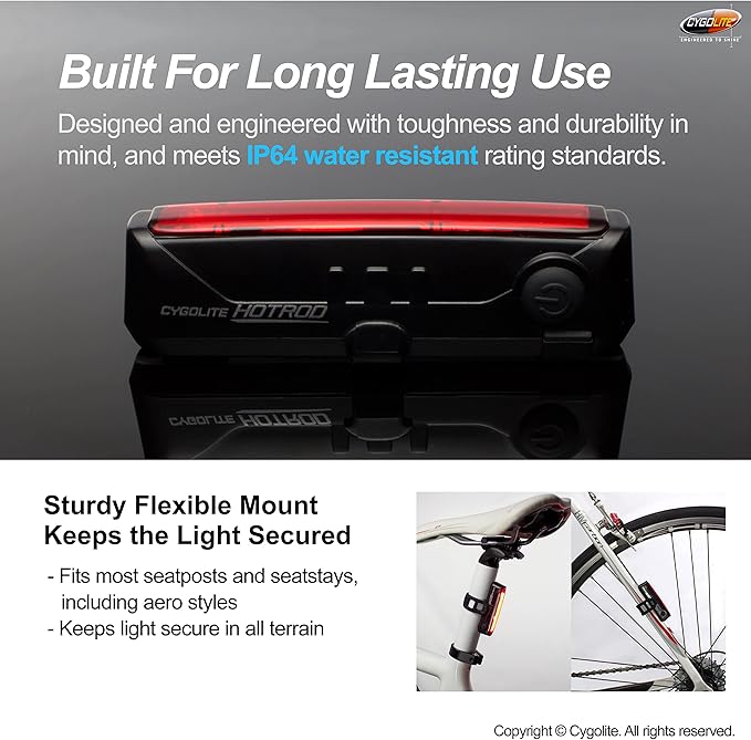 Cygolite Hotrod 120, 90, 50 Lumen Bicycle Tail Light Models- Night & Daytime Modes– Wide Glowing LEDs- Compact Sleek– IP64 Water Resistant– Sturdy Flexible Mount- USB Recharging–Great for Busy Roads