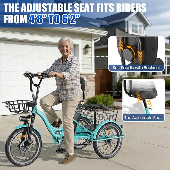 Electric Tricycle for Adults, Peak 1200W Electric Trike, Foldable Electric Bike with 468Wh/720Wh/960Wh Removable Battery, Step-Thru 3 Wheel Electric Bikes for Women Men, 20 Tire