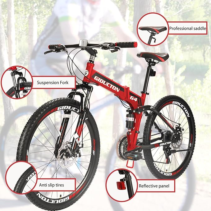 26" Folding Mountain Bike,21 Speed Full Suspension Foldable Bikes,Dual Disc Brakes Bicycle for Adults