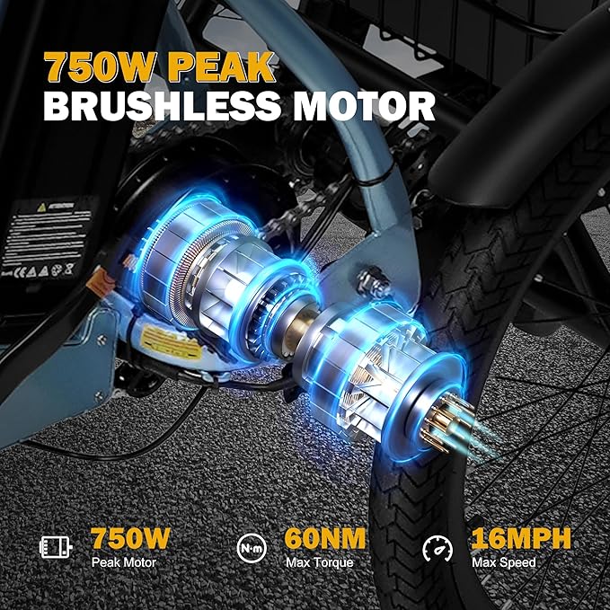 Qlife Triker Electric Bike, Peak 750W Brushless Motor Folding Trike Ebike, 468Wh Removable Battery, Step-Thru 3 Wheel Electric Bicycle, Up to 50 Miles, 20 Tire Tricycle for Adults