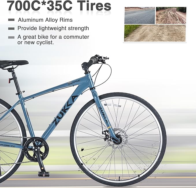 7 Speed Hybrid Bike, Aluminum Alloy Frame, Double Disc Brakes, 700C Road Bike, Fast Acceleration, Suitable Aerodynamic Riding Position for Men and Women City Bicycle