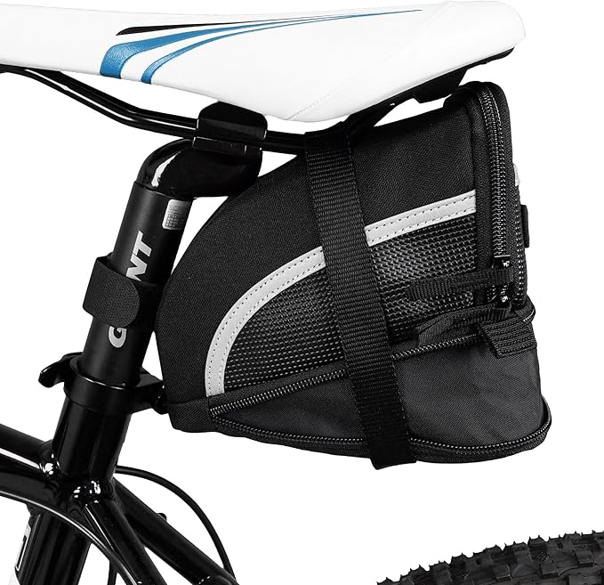BV Strap-On Bike Bag with Reflective Material - Saddle Bag with Seperate Divider for Small Items for All Your Essentials - Bike Pouch with Taillight Hanger for Maximum Safety
