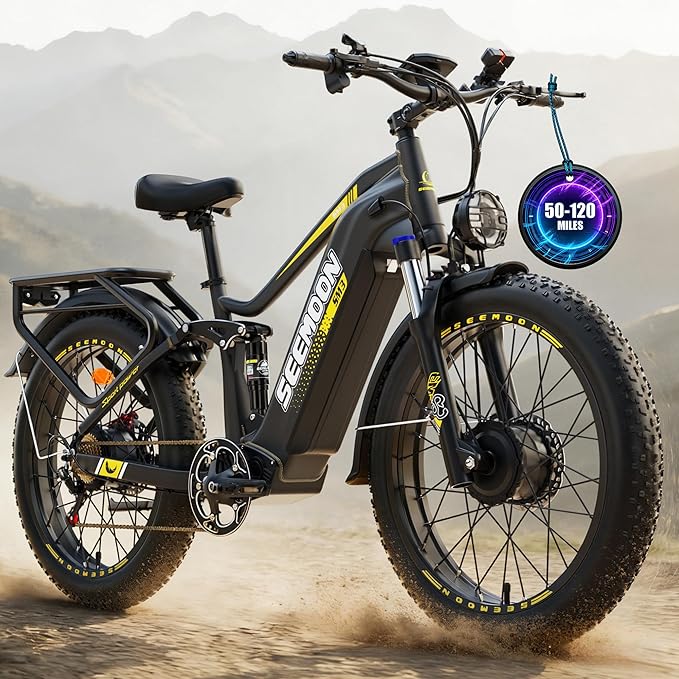 Seemoon 6000W Electric Bike for Adults,45 MPH up to 120Mile Dual Motor Ebike,60V 30Ah Battery,24" Fat Tire Electric Bicycle with Throttle Lock for Hunting Off-Road Commuter,Full Suspension E-bike
