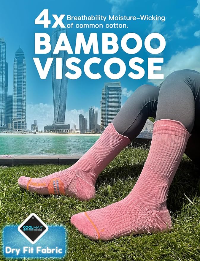 Womens Coolmax Bamboo Viscose Compression Running Crew Socks, Moisture-Wicking Anti-Blister Hiking&Gym Athletic