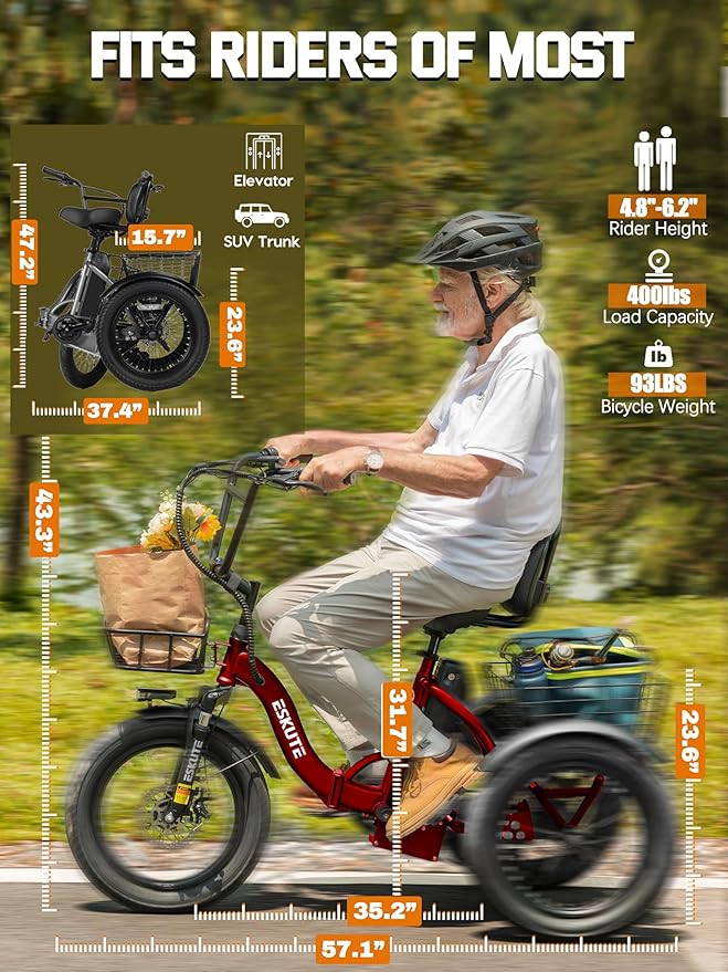 ESKUTE E Trike Electric Bike, Peak 1200W Brushless Motor Folding Trike 18X3.0 Fat Tire Ebike, 624Wh Removable Battery, Step-Thru 3 Wheel Electric Bicycle, Up to 55 Miles, 18MPH+ Tricycle for Adults