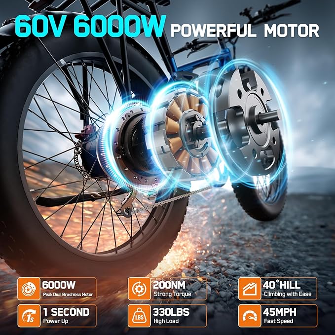 6000W Electric Bike for Adults, 45MPH Dual Motor Ebike, 60V 1200WH E Bike, 100 Miles Bicycle, Full Suspension, Dual Hydraulic Disc Brake Ebike, Charge Voltage 67.2V, Brake/Turn Signal