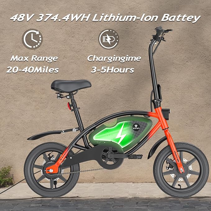 Vivi PONY01 Electric Bike, 14" Electric Bicycle for Adults and Teens Peak 500W Motor 48V 374.4WH Battery, Max 40 Miles Range(Pedal-Assist) & Top 20 Mph, Cruise Control, SGS Certified to UL2849