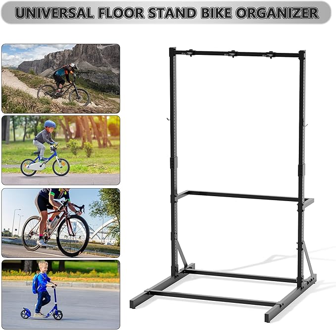 Freestanding Bike Rack Storage, 4 Bike Rack Adjustable Height, Space Saving, Vertical Floor Stand Bike Storage Garage for Backyard, Garage Organizer, Workplace, Up to 300 LBS (Upgraded 4 Bike Rack)