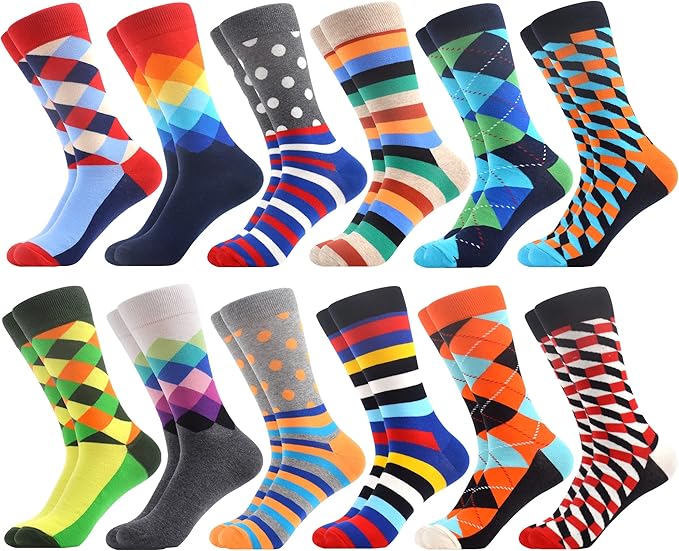 WeciBor Men's Dress Funny Crazy Colorful Novelty Combed Cotton Crew Socks 12 Pack - Size 7-10/10-13/13-15