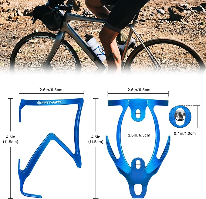 FIFTY-FIFTY Bike Water Bottle Holder, Aluminum Alloy Water Bottle Cage, Lightweight Bicycle Cup Holder Rack with Screws Tool, Universal Bicycle Drink Cage for MTB, Road Bike (Blue)