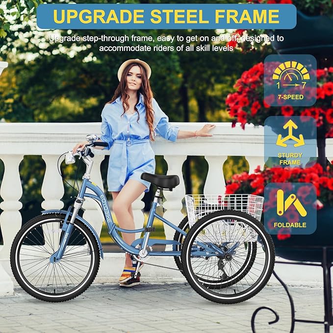 NAIZEA Folding Adult Tricycle - 7 Speed 20/24/26 Inch Folding Tricycle for Adult, 3 Wheel Bike, Foldable Trike with Large Basket/Low-Step Through for Men Women Senior