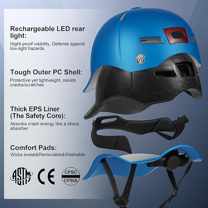 Bike Helmet Adult Men/Women-USB Rechargeable Rear Light CPSC/ASTM Certified 2 Removable Liners Adjustable Lightweight Baseball Cap Style for Youth Road&Mountain Biking Skating Scooter