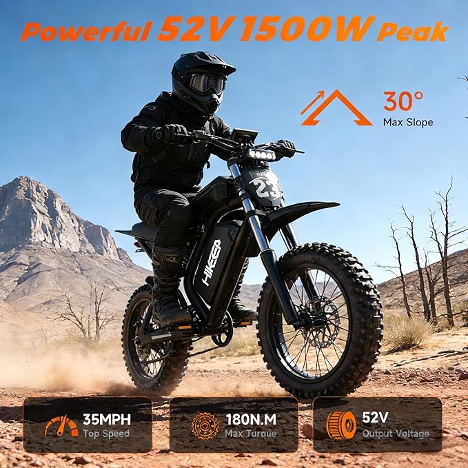Electric Dirt Bike for Adults, 1500W-3000W Peak Ebike, 16"/20" Fat Tire All-Terrain E-Bike, Dual Suspension Off-Road Racing Machine for Camping & RV Travel, 48V/52V, UL 2849 Certified