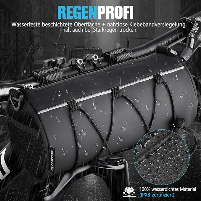 GXCROR Bike Handlebar Bag Waterproof 2.4L - Bicycle Front Bag Frame Storage Roll Bag Mountain Road, Bag Professional Cycling Accessories, Convertible to Crossbody Sling & Hand Carry Bag Handlebar Bag