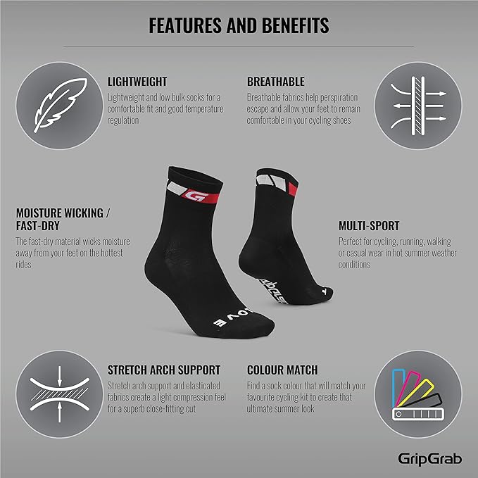 GripGrab Classic Regular Cut Summer Cycling Socks Single & Multipack Coolmax Bicycle Socks for Spinning Indoor Biking