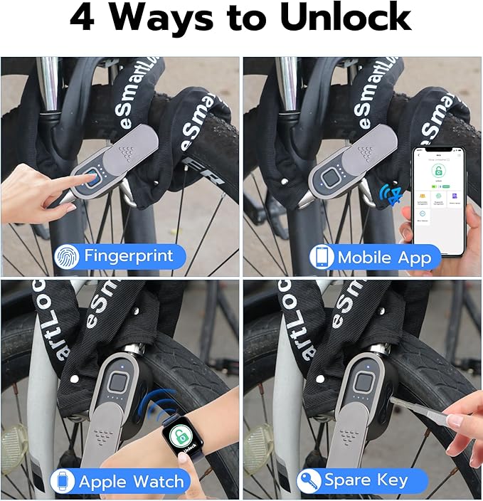 Anweller Fingerprint Bike Chain Lock, Heavy Duty Anti-Theft Weatherproof Bluetooth App Smart Lock for Bicycle, Motorcycle, Scooter, Moped, Outdoor Fence, Gate, Snowboard, Ski (0.31" Bold, 3.3' Long)