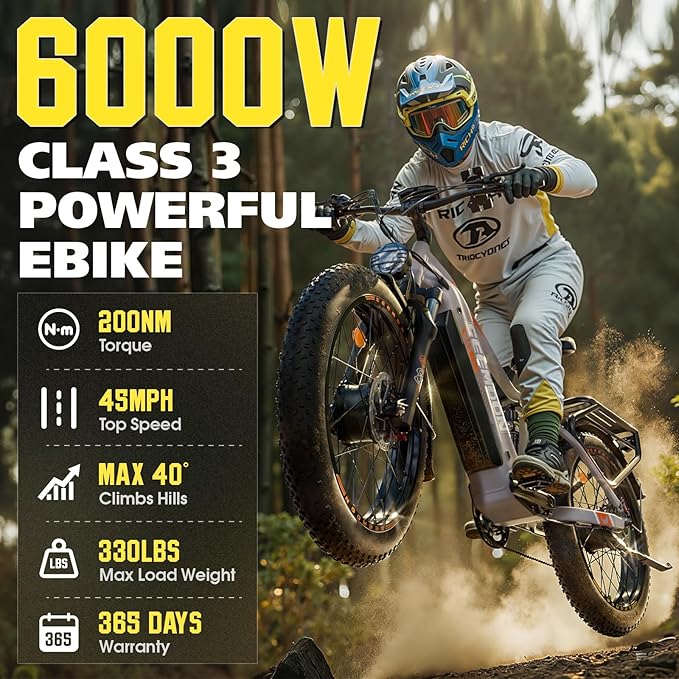 Seemoon 6000W Electric Bike for Adults,45 MPH up to 120Mile Dual Motor Ebike,60V 30Ah Battery,24" Fat Tire Electric Bicycle with Throttle Lock for Hunting Off-Road Commuter,Full Suspension E-bike