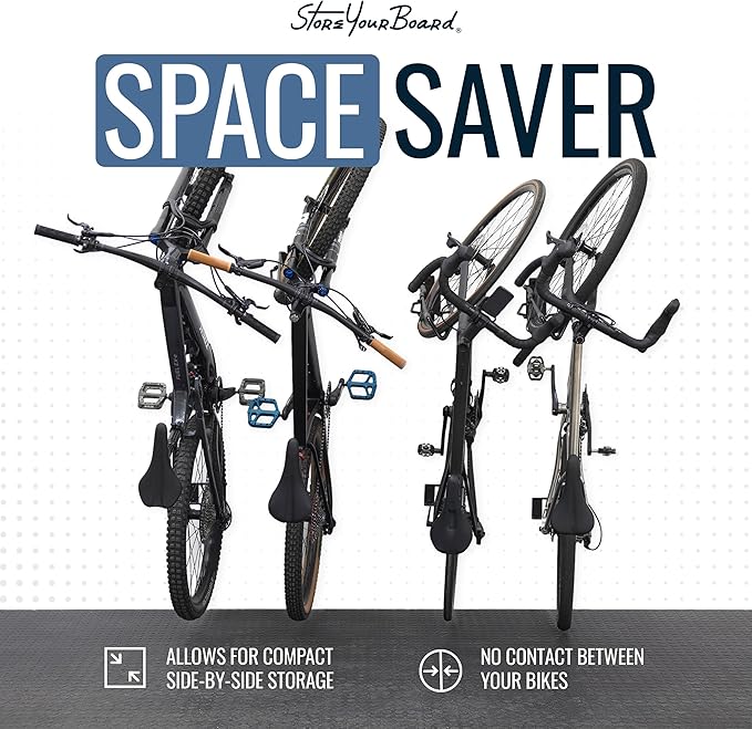 StoreYourBoard SwivelStow Bike Rack Garage Storage Rack 4 Pack - 4 Mountain Bike Bike Wall Mounts - Heavy Duty Bike Hanger - No-Lift Bike Rack Garage Storage Rack - Holds 70 lb Capacity