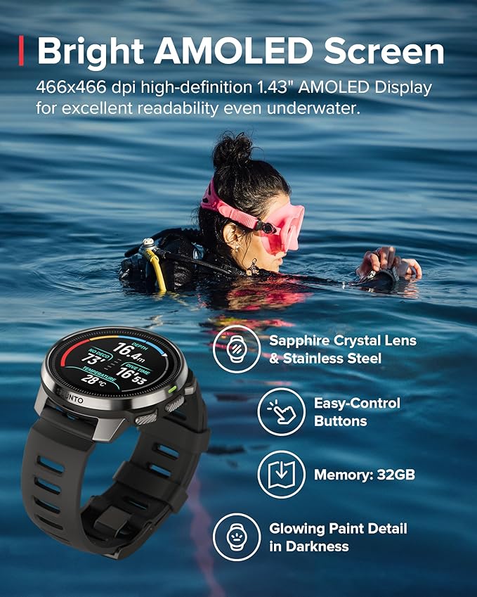 SUUNTO Ocean Dive Computer, GPS Multisport Watch for Training, Underwater Route Tracking & Wireless Tank Pressure Monitor, AMOLED Touchscreen, Dualband GNSS, Offline Map, 26D Battery Life, Steel Black
