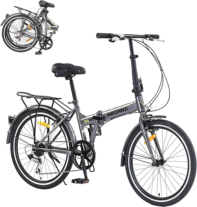 24" Folding City Bikes Steel Frame 7 Speed Folding Bikes,Lightweight Folding Bikes，Folding Commuter Bike for Adults/Men/Student，Bike with Rear Rack，Adjustable Stem