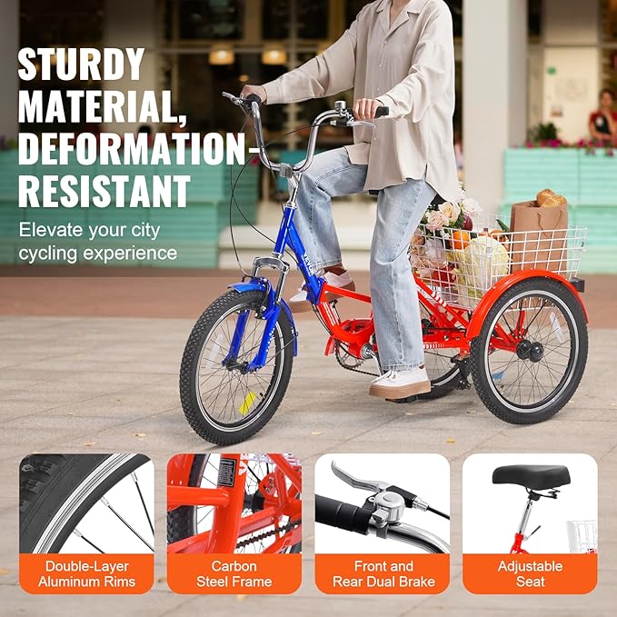 VEVOR Folding Adult Tricycle,Adult Folding Trikes, 3 Wheel Cruiser Bike with Large Basket & Adjustable Seat, Shopping Picnic Foldable Tricycles for Women, Men, Seniors