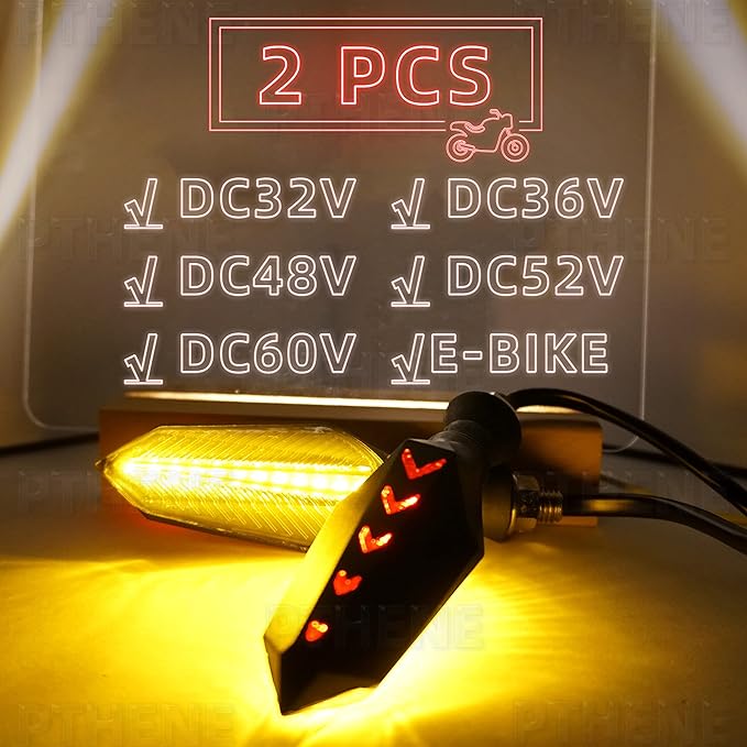 Motorcycle Led Turn Signal Lights Universal Front Rear DC 32v 48v 52v 60v Flowing Blinkers Flasher Indicator Light for Electric Motorcycles Motorbike Scooter Bicycle E-Bike (Amber/Red, DC32V-DC60V)