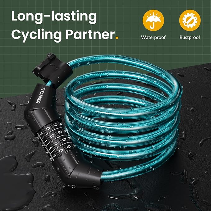 Titanker Bike Lock Cable, 4 Feet Bike Cable Lock Basic Self Coiling Kids Bike Lock Combination with Complimentary Mounting Bracket, 5/16 Inch Diameter (4FT, Blue-8mm)