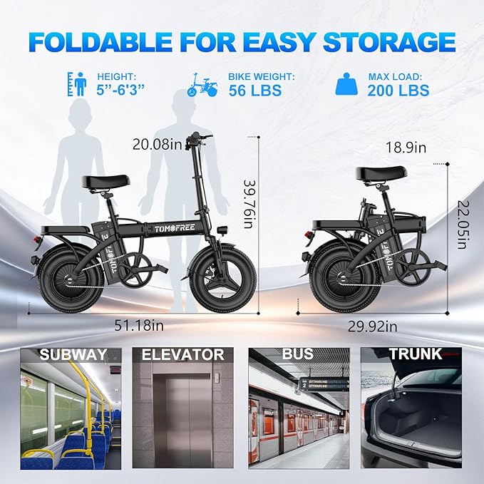 Tomofree 750W Peak Electric Bike for Adult, 20-25MPH/25-35 Miles Electric Bicycle, 14" Folding E Bike, 48V 20Ah Removable Battery, PAS Control, Commuter E-Bike for Adults and Teens