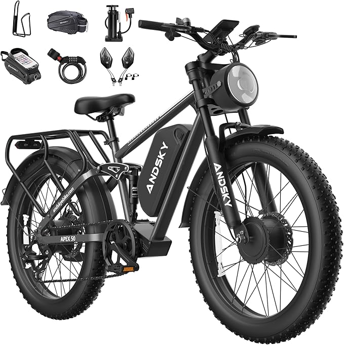 Apex 50 Electric Bike Dual Motor for Adults (CA Immediate-De'livery) 52V 25AH/48V 25AH, 26" Fat Tires Full Suspension 35MPH/100Mile, Hydraulic Brake