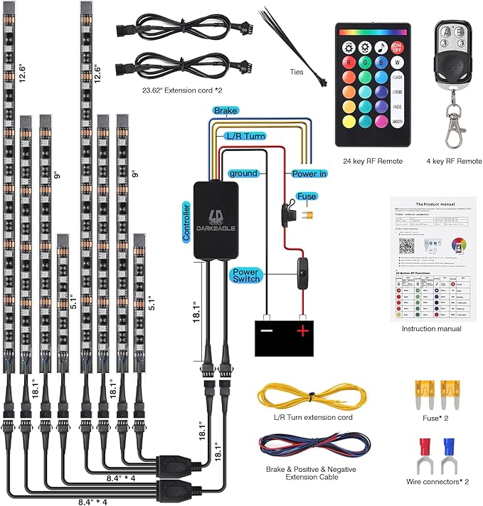 8PCS Motorcycle RGB LED Light Kits with APP/RF Remote, Multicolor Underglow Lights with Brake Turn Signal, 12V Waterproof Dual Zone Strip for Sport Bike, Cruiser, Street & Dirt Motorcycle