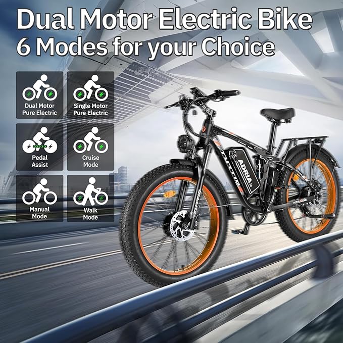 Tuttio Adria26 5000W/6000W Dual-Motor Ebike,40-46MPH Electric- Bike for Adults, 26 * 4" Fat Tire Electric Bicycle, 52V 25AH E-Bike Full Suspension Electric Dirt Bike for Off-Road Mountain Hunting
