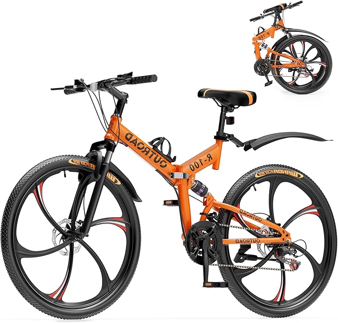 Betterland 26 Inch Mountain Bike, 21 Speeds Full Suspension Folding Bikes, Dual Disc Brake, High Carbon Steel Frame and Non-Slip Quick Release tire Bicycle for Adult