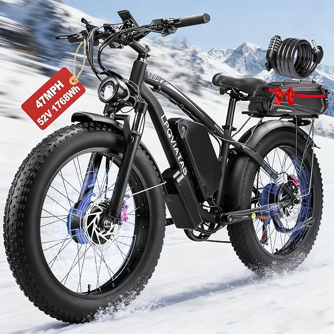 9000W Peak AWD-Ebike-Dual-Motor-Electric-Bike for Adults-Men, 52V 1768Wh Dual-Motor-Ebike 42-46M PH-Hunting-Ebike Long Range Dirtbike, 24"*4.0" Fat-Tire-Electric-Bicycle Mountain Bike Snow