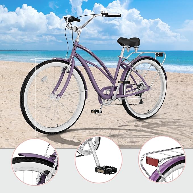 MOPHOTO 24" 26" Adult Bike 7-Speed Beach Cruiser Bike for Adults, Rear Rack, Fenders, Step-Through or Classic Frame