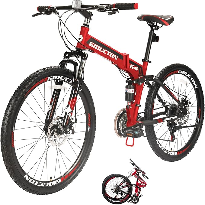 26" Folding Mountain Bike,21 Speed Full Suspension Foldable Bikes,Dual Disc Brakes Bicycle for Adults