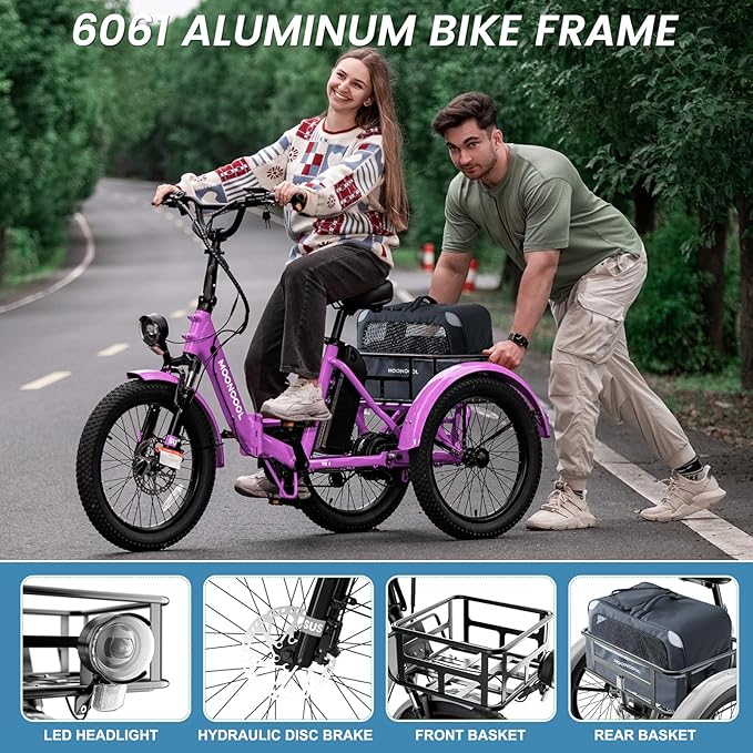 MOONCOOL Folding Electric Tricycle for Adults, 48V 500W 3 Wheels Electric Trike, Aluminum Frame 750W Electric Tricycle Adult Bicycle with Removable Battery, Front and Back Bags