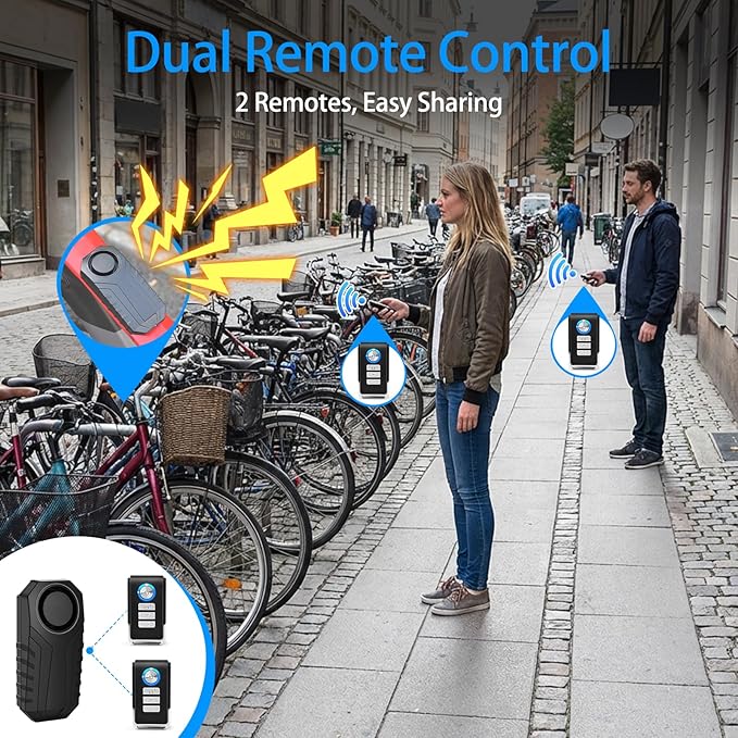 Bike Alarm with 2Remotes, Bike Anti Theft Alarm, Alarms for Ebikes, 113dB Loud Waterproof Wireless Anti-Theft Vibration Motorcycle Bicycle Vehicle Security System
