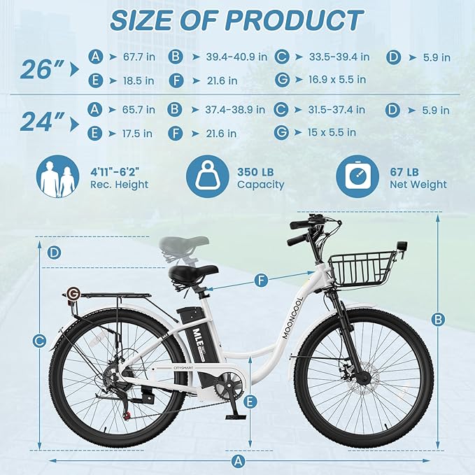 LILYPELLE Electric Bike for Adults, 700W Peak Power Commuter Ebike with 36V 10.4Ah Removable Battery, 7-Speed 24'' 26'' Tires City Cruiser Ebike E-Bicycle