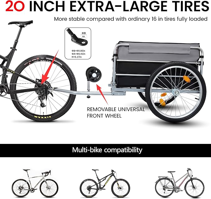Aluminum Bicycle Trailer, Foldable Bike Cargo Trailer with Universal Hitch, Removable Oxford Fabric Cover, Bicycle Trailers Folding, for Camping, Groceries, 220 LBS Load Capacity, Black+Gery