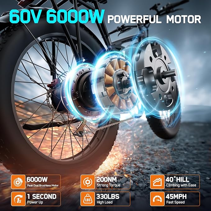 6000W Electric Bike for Adults, 45MPH Dual Motor Ebike, 60V 1200WH E Bike, 100 Miles Bicycle, Full Suspension, Dual Hydraulic Disc Brake Ebike, Charge Voltage 67.2V, Brake/Turn Signal