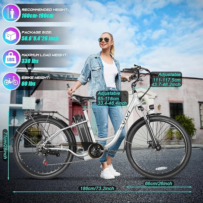 Vivi Electric Bike for Adults 1000W Peak Ebike with Removable Battery, 26'' Electric Commuter Bike 22MPH & 50 Miles Adult Electric Bicycles with Cruise Control, LCD Display, SGS Certified to UL2849