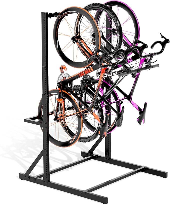 Freestanding Bike Rack Storage, 4 Bike Rack Adjustable Height, Space Saving, Vertical Floor Stand Bike Storage Garage for Backyard, Garage Organizer, Workplace, Up to 300 LBS (Upgraded 4 Bike Rack)